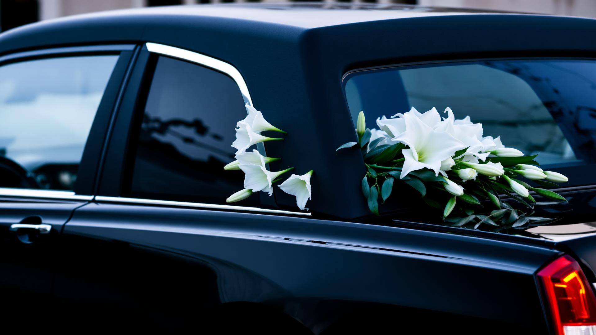 Carro funerário com arranjo de flores